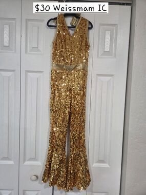 Weissman Gold Sequin V-Neck Jumpsuit with Belt